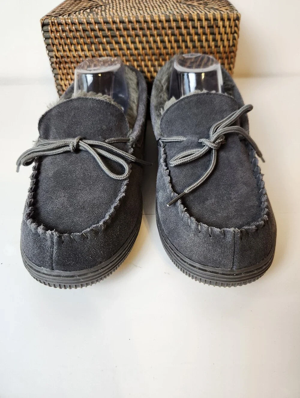 Lamo Theo Gray Suede Faux Fur Lined Foam Footbed Moccasin Slipper Shoes